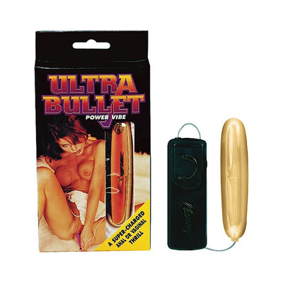 Gold Ultra Bullet vibrator with black wired controller next to its packaging featuring product name and image.