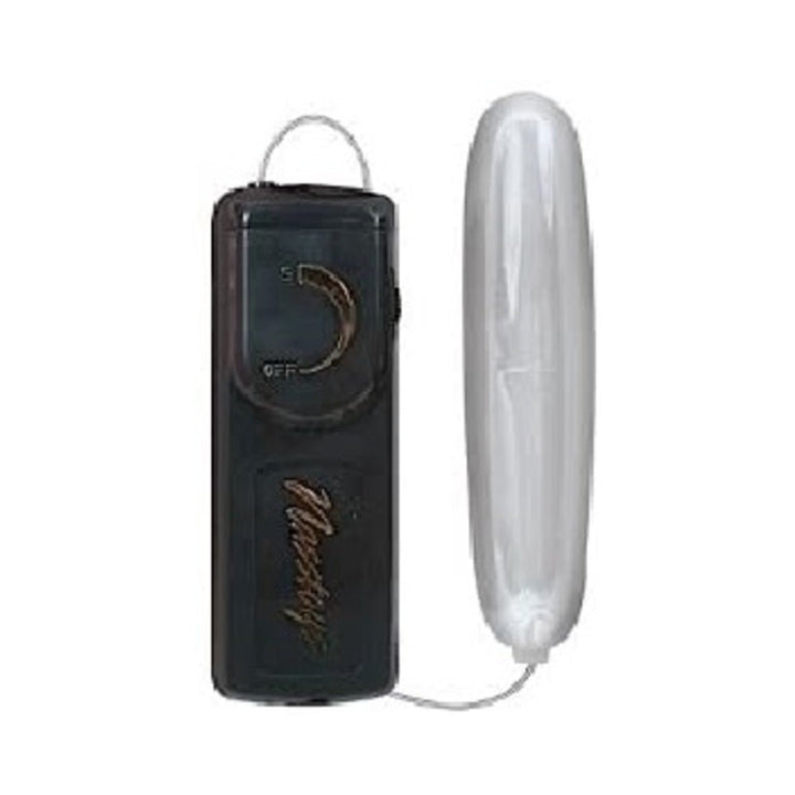 Silver bullet vibrator with black wired controller featuring adjustable dial for intensity control.