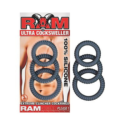 Three black ribbed silicone rings displayed on packaging with a shirtless torso background and bold red RAM branding.