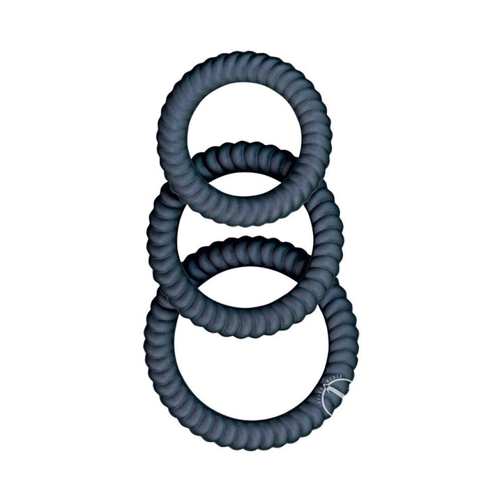 Set of three black textured silicone rings in varying sizes, designed for flexible and comfortable wear.