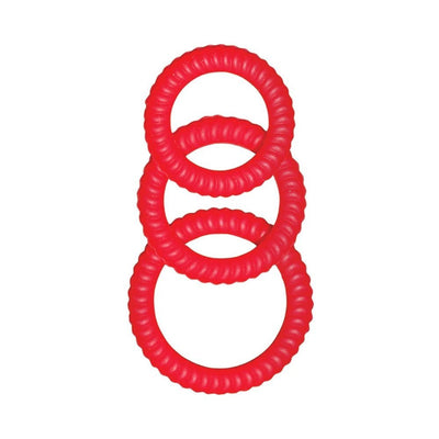 Set of three red textured silicone rings with a ribbed design, arranged vertically on a white background.