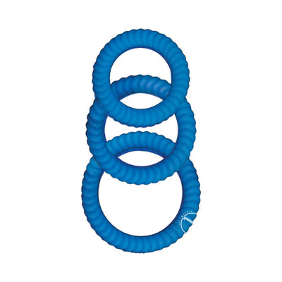 Set of three blue textured silicone rings with a ribbed design, shown stacked on a white background.
