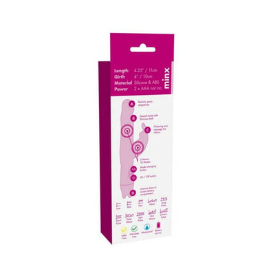 Packaging of Ultra Joy Rabbit Vibrator Pink Minx showing product features, dimensions, and vibration modes.