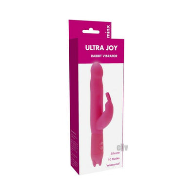 Pink Ultra Joy Rabbit Vibrator in packaging, featuring silicone material, 10 vibration modes, and waterproof design.