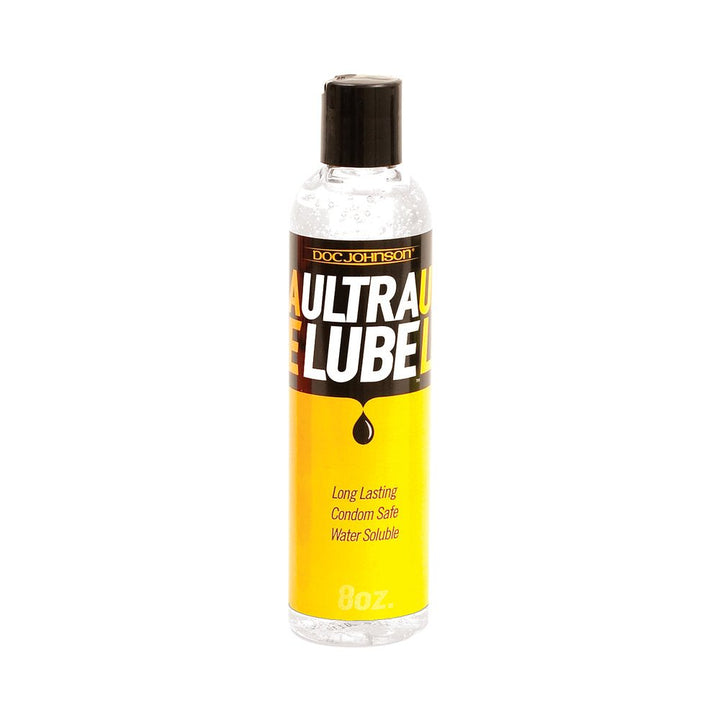 8oz clear bottle of Ultra Wet Ultimate Lube with yellow and black label and no spill black cap