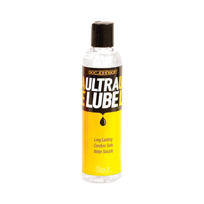 8oz clear bottle of Ultra Wet Ultimate Lube with yellow and black label and no spill black cap
