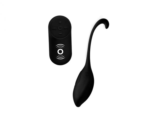 Black silicone vibrating egg with curved tip and sturdy retrieval cord, shown with compact wireless remote control.