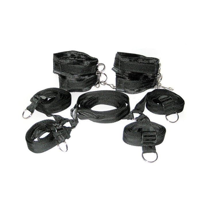 Black under the bed restraint system with padded cuffs and adjustable nylon straps for versatile bondage play.
