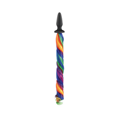 Silky black silicone plug with a long, twisted rainbow-colored ponytail tail attachment.