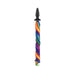 Silky black silicone plug with a long, twisted rainbow-colored ponytail tail attachment.