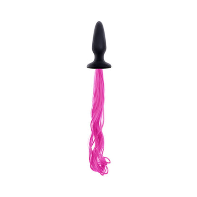 Black silicone tapered butt plug with long flowing bright pink synthetic ponytail attached.