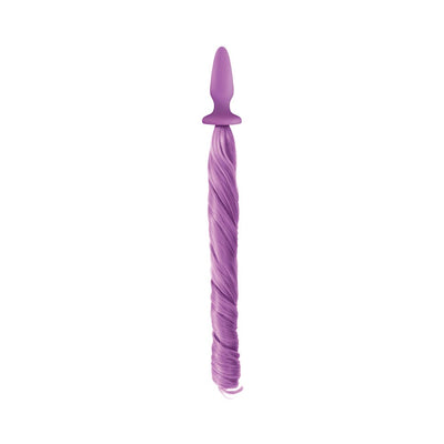 Purple silicone tapered plug with a long, twisted lavender ponytail attached, designed for role play.