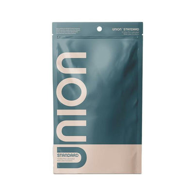 Union Standard 12-pack of ultra-thin, lightly lubricated latex condoms in resealable blue and beige packaging.
