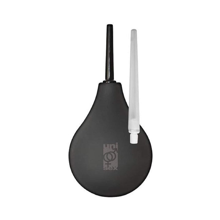 Universal douche with black silicone bulb and two interchangeable nozzles in black and white for versatile use.