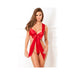 Model wearing vibrant red satin bow teddy with oversized front bow and adjustable straps in a bright, elegant setting.