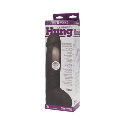 Vac-U-Lock 12-inch Ultraskyn Hung Dong attachment in dark color with detailed texture packaging.