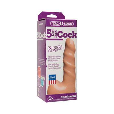 Vac-U-Lock 5.5 inch beige textured attachment with heavily veined shaft in purple and white packaging.