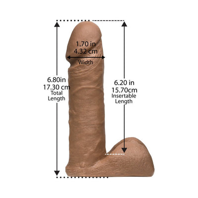 Realistic brown Vac-U-Lock dildo with detailed texture and size measurements shown on a white background.