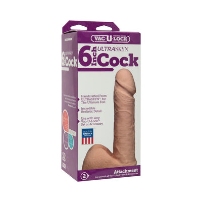 Vac-U-Lock 6 inch Ultraskyn realistic dildo attachment in natural skin tone with detailed texture in retail packaging.