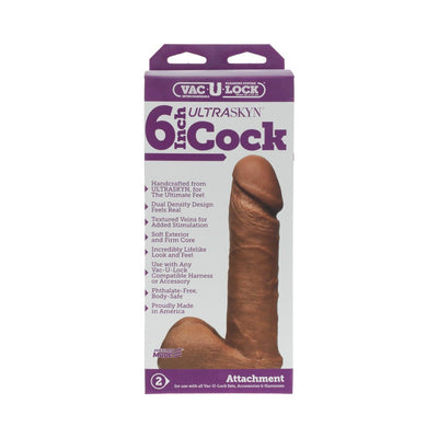 Vac-U-Lock 6 inch Ultraskyn realistic dildo attachment in brown with detailed texture and packaging.