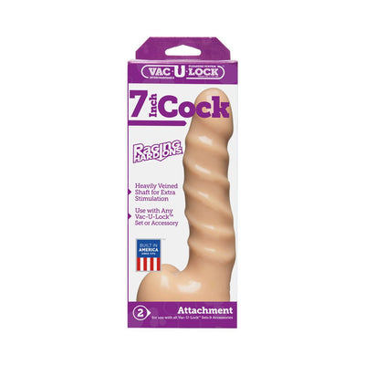 Beige 7-inch Vac-U-Lock Raging Hard-Ons attachment with heavily veined, spiral textured shaft in retail packaging.
