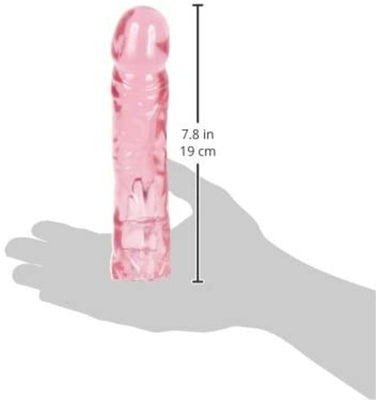 Pink translucent 8-inch realistic Vac-U-Lock strap-on dong with textured veins shown on hand for size reference.