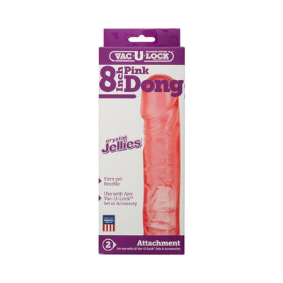 Vac-U-Lock 8-inch pink Crystal Jellies dong attachment in packaging with product details and branding.
