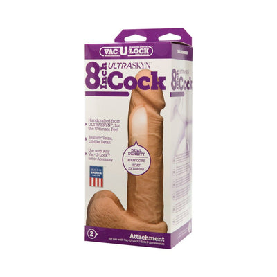 Vac-U-Lock 8 inch realistic ULTRASKYN dual-density cock attachment in packaging with product details and branding.