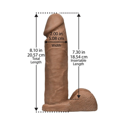 Brown realistic 8-inch Vac-U-Lock cock attachment with detailed texture and measurements shown on a white background.