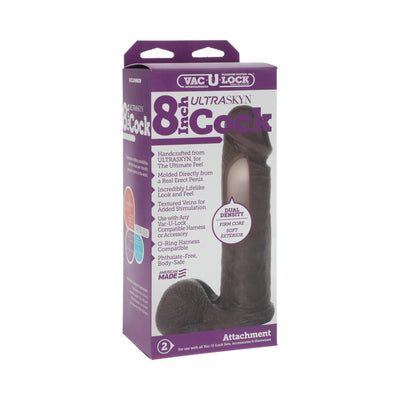 Vac-U-Lock 8 Inch ULTRASKYN realistic cock attachment in dark color with detailed texture packaging.