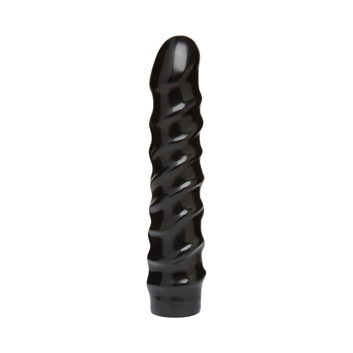 Black 8-inch Vac-U-Lock attachment with spiral texture and smooth rounded tip on white background.