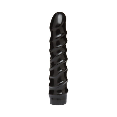 Black 8-inch Vac-U-Lock attachment with spiral texture and smooth rounded tip on white background.
