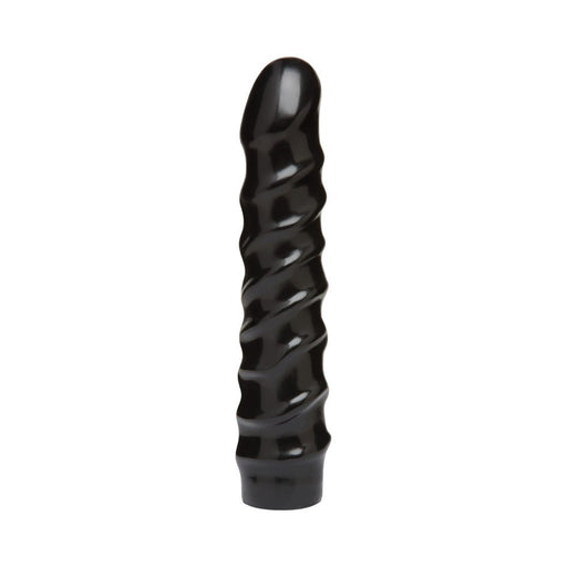 Black 8-inch Vac-U-Lock attachment with spiral texture and smooth rounded tip on white background.
