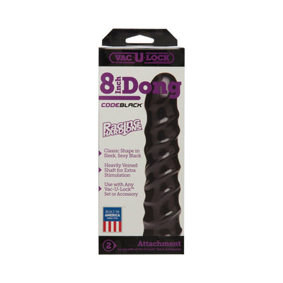 Vac-U-Lock 8 inch black dong attachment with spiral texture in retail packaging, designed for use with Vac-U-Lock sets.