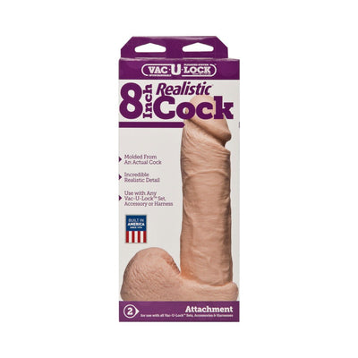 Vac-U-Lock 8 inch realistic dildo attachment in natural skin tone with detailed texture and packaging.