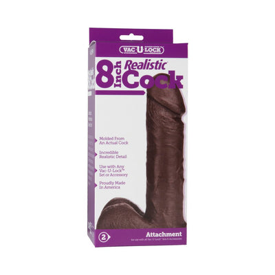 Vac-U-Lock 8 inch realistic dark brown dildo attachment in packaging with product details and branding.