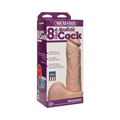 Packaging of Vac-U-Lock 8 inch realistic dildo attachment with detailed product image and features on a purple and white box.