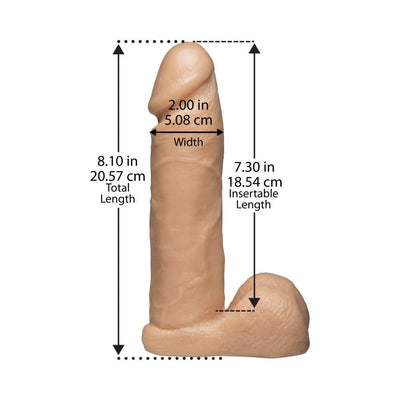 Realistic 8-inch Vac-U-Lock dildo with detailed texture and measurements shown on a white background.
