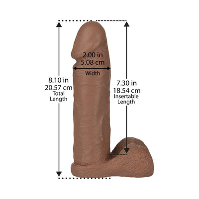 8-inch realistic brown Vac-U-Lock dildo with detailed texture and measurements shown on a white background.
