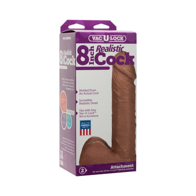 Packaging box of Vac-U-Lock 8 inch realistic dildo attachment in brown with product details and branding.