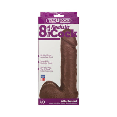 Vac-U-Lock 8 inch realistic dark brown dildo with detailed texture and packaging showing product features.