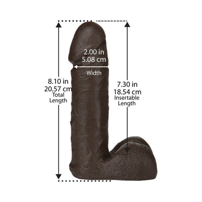 Dark brown realistic dildo with detailed texture and measurements showing 8.1 inches total length and 2 inches width.