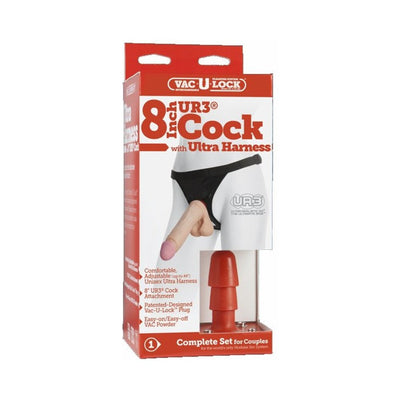 Packaging of Vac-U-Lock 8-inch Ultraskyn dildo with adjustable black Ultra Harness and Vac-U-Lock plug displayed.