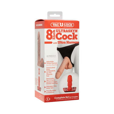 Packaging box of Vac-U-Lock 8-inch Ultraskyn dildo with adjustable black ultra harness and removable suction cup base.
