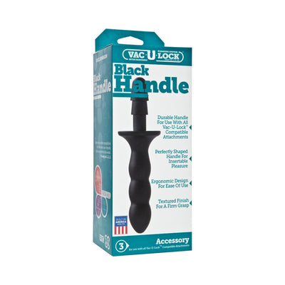 Vac-U-Lock Black Handle in packaging showing ergonomic, textured design for secure grip and versatile use with compatible attachments.