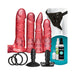 Vac-U-Lock Crystal Jellies Set in translucent pink with four attachments, adjustable black harness, rings, plugs, cleaner, and lubricant.