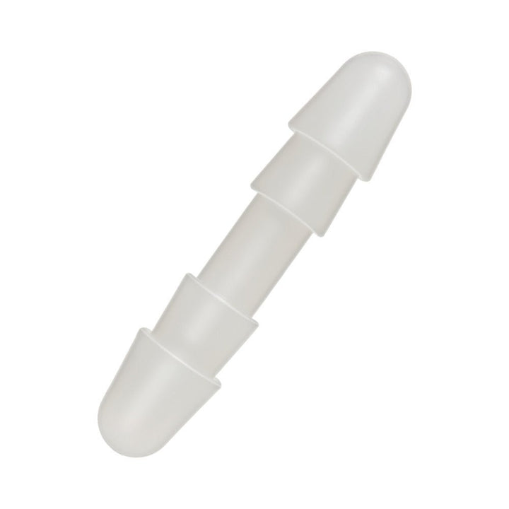 Frosted double-ended Vac-U-Lock plug with smooth tapered ends and locking grooves in translucent white material.