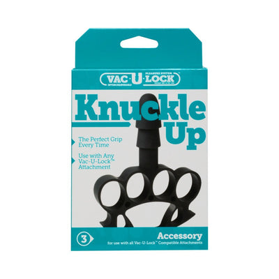 Vac-U-Lock Knuckle Up accessory in black with knuckle ring grip, displayed in teal and white packaging.