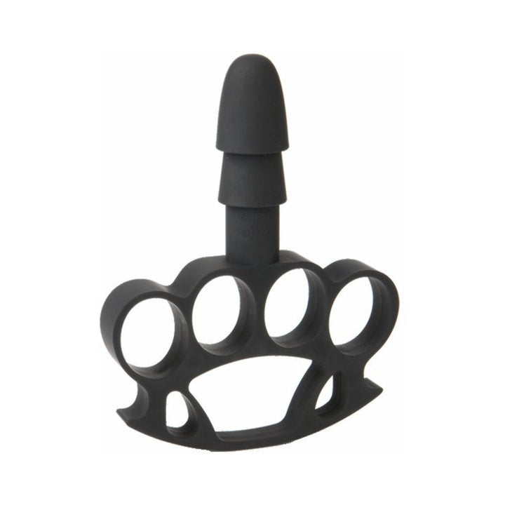 Black Vac-U-Lock Knuckle Up accessory with four finger rings and a central plug for secure grip and attachment.