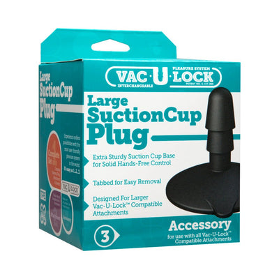 Vac-U-Lock Large Suction Cup Plug in black with sturdy base and pull tab, displayed in teal and white packaging.